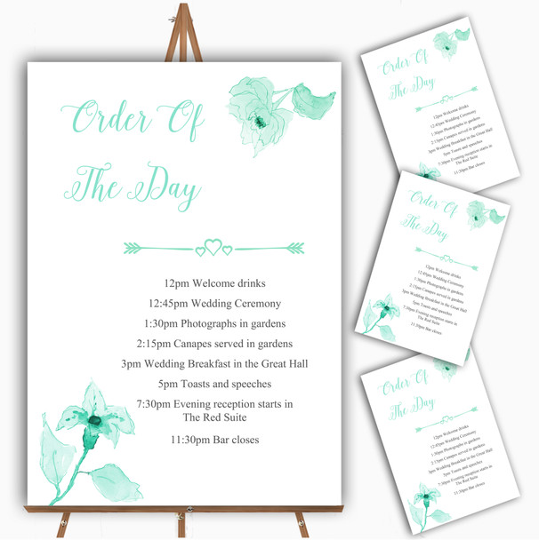 Beautiful Aqua Mint Green Watercolour Flowers Wedding Order Of The Day Cards