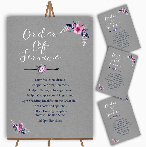 Rustic Vintage Watercolour Navy Blue & Silver Wedding Order Of The Day Cards