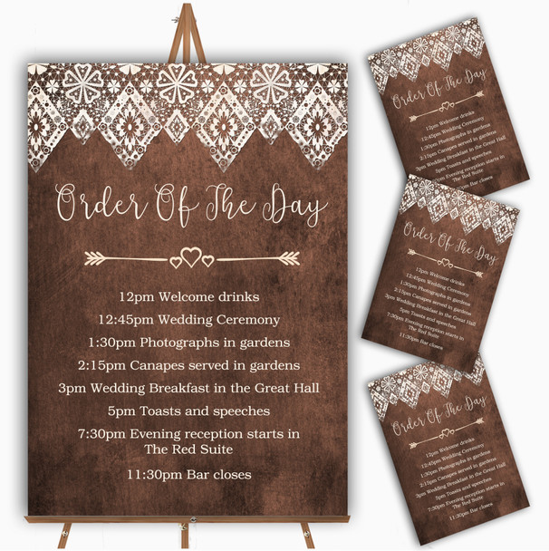 Vintage Brown Old Paper & Vintage Lace Effect Wedding Order Of The Day Cards