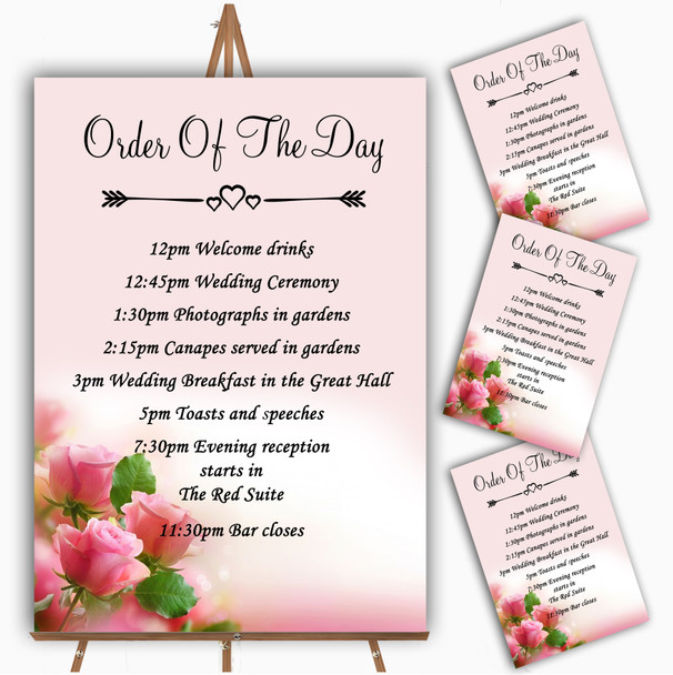 Beautiful Soft Pink Pastel Roses Personalised Wedding Order Of The Day Cards