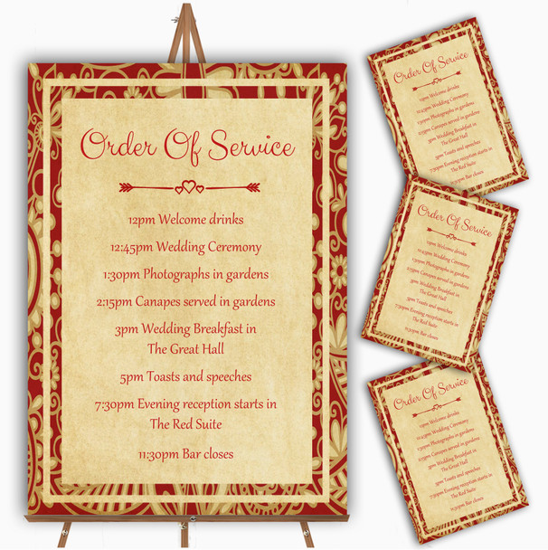 Vintage Royal Red Postcard Style Personalised Wedding Order Of The Day Cards