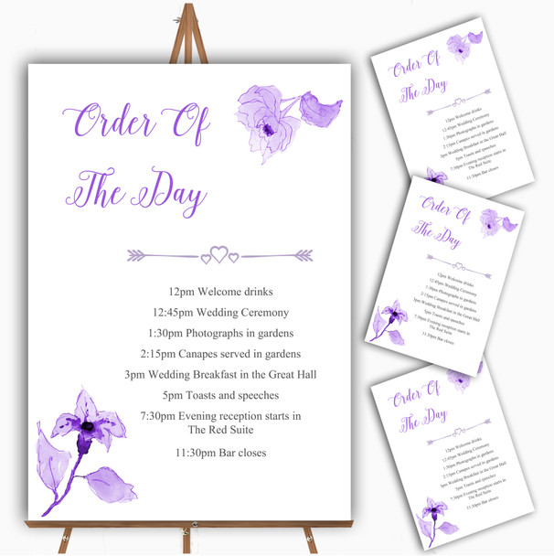 Beautiful Cadbury Purple Watercolour Flowers Wedding Order Of The Day Cards