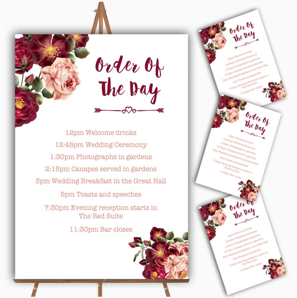 Blush Coral Pink & Deep Red Watercolour Rose Wedding Order Of The Day Cards