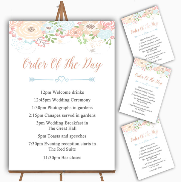 Coral Peach & Blue Watercolour Floral Header Wedding Order Of The Day Cards