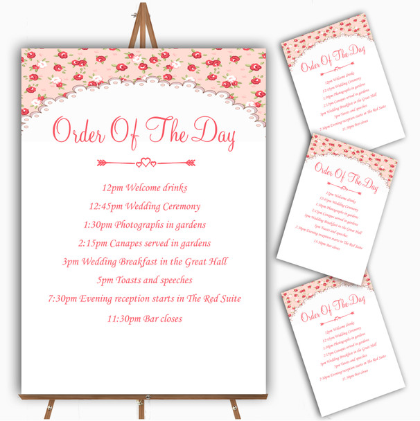 Red And Coral Pink Floral Shabby Chic Chintz Wedding Order Of The Day Cards