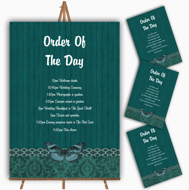 Rustic Vintage Wood Butterfly Turquoise Teal Wedding Order Of The Day Cards