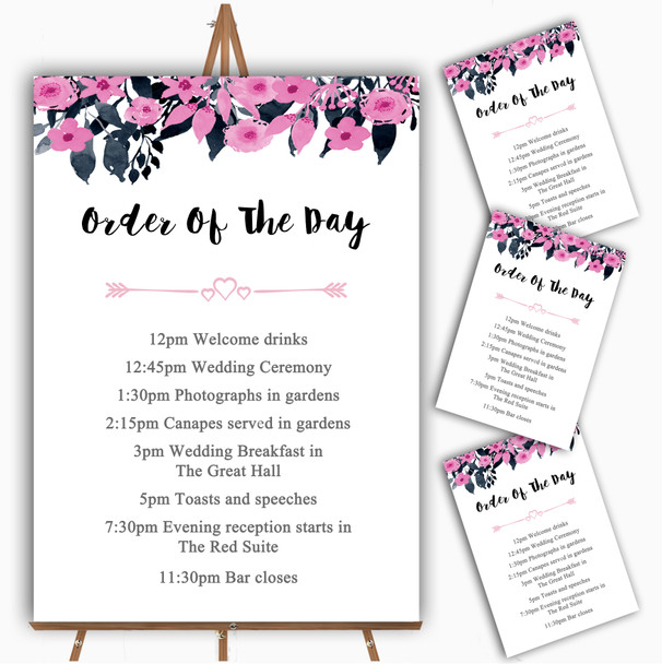 Watercolour Black & Dusty Pink Floral Header Wedding Order Of The Day Cards