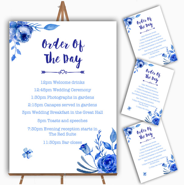 Blue & White Watercolour Floral Personalised Wedding Order Of The Day Cards
