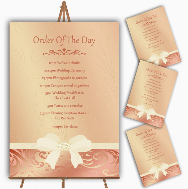 Cream Pale Coral Peach Pink Bow Personalised Wedding Order Of The Day Cards