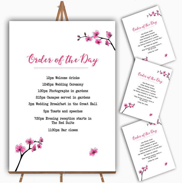 Pink Cherry Blossom Watercolour Personalised Wedding Order Of The Day Cards