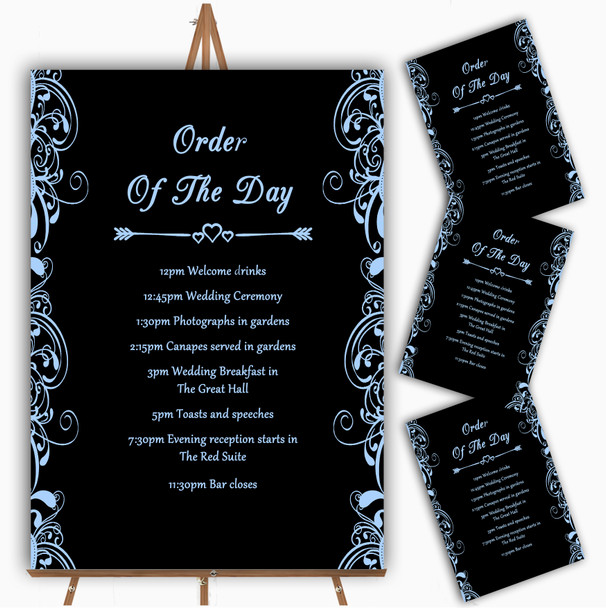 Black & Blue Swirl Deco Personalised Wedding Order Of The Day Cards & Signs