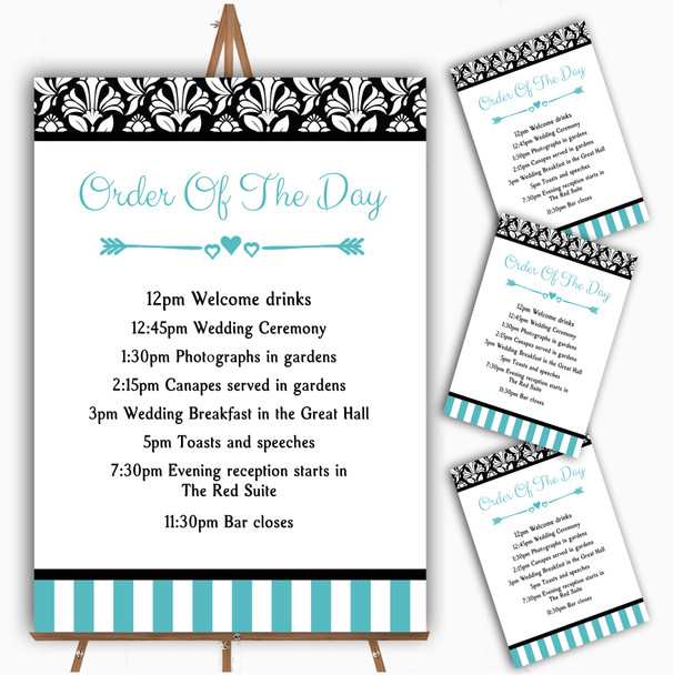 Damask And Aqua Stripes Personalised Wedding Order Of The Day Cards & Signs