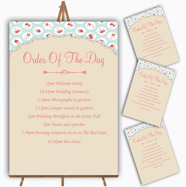 Light Blue And Red Roses Shabby Chic Chintz Wedding Order Of The Day Cards