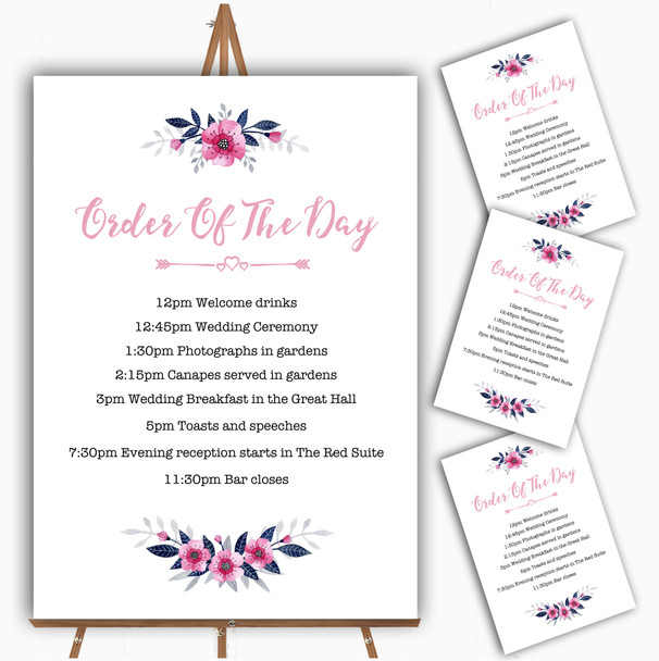 Navy Blue & Pink Subtle Floral Personalised Wedding Order Of The Day Cards