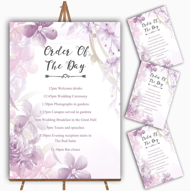 Pale Purple Watercolour Floral Personalised Wedding Order Of The Day Cards