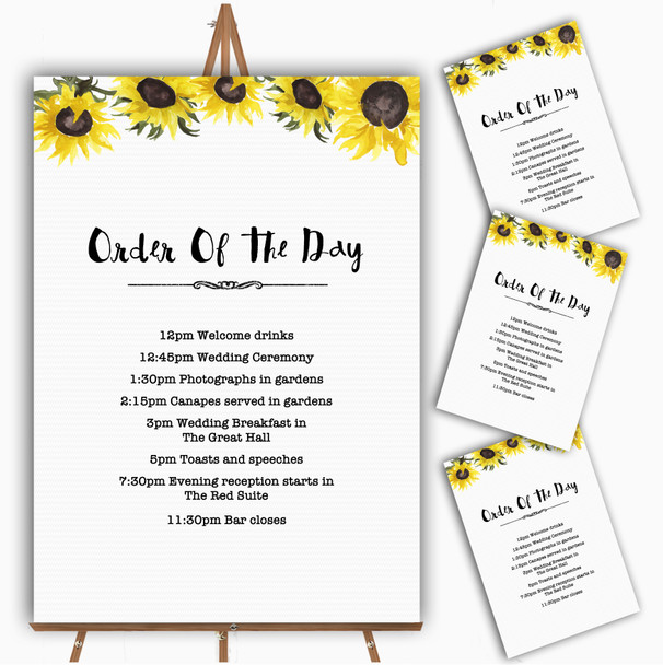 Stunning Watercolour Sunflower Personalised Wedding Order Of The Day Cards