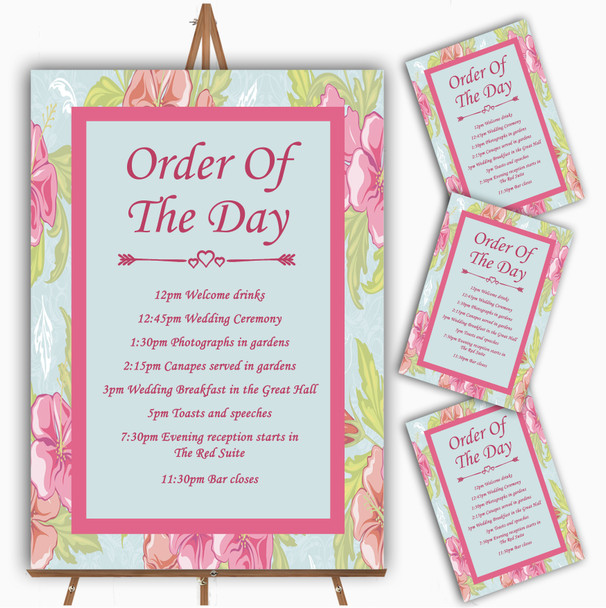 Pale Blue Pink Vintage Personalised Wedding Order Of The Day Cards & Signs