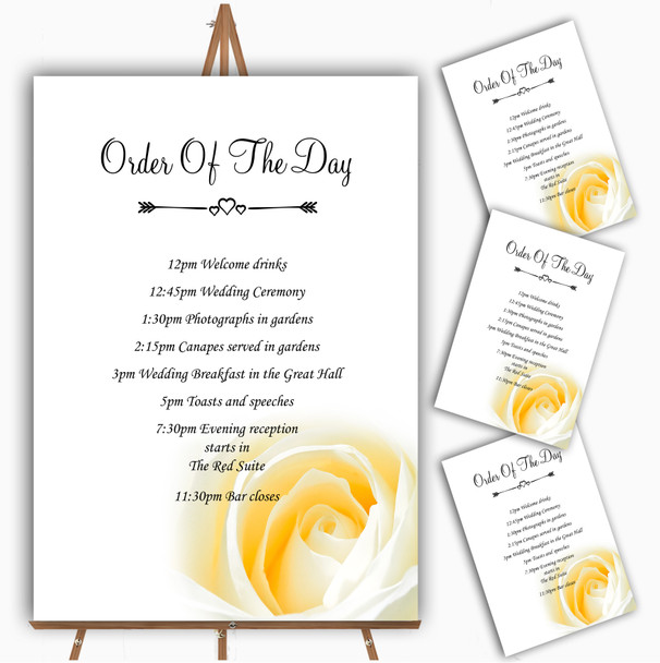 Pale Lemon Yellow Rose Personalised Wedding Order Of The Day Cards & Signs