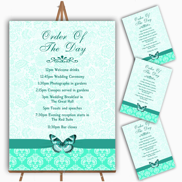 Mint Green Vintage Floral Damask Butterfly Wedding Order Of The Day Cards