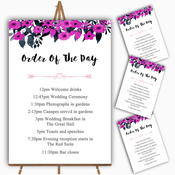 Watercolour Black & Hot Pink Floral Header Wedding Order Of The Day Cards