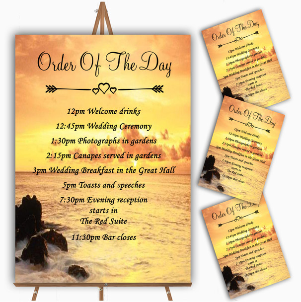 Beautiful Sunset Beach Abroad Personalised Wedding Order Of The Day Cards