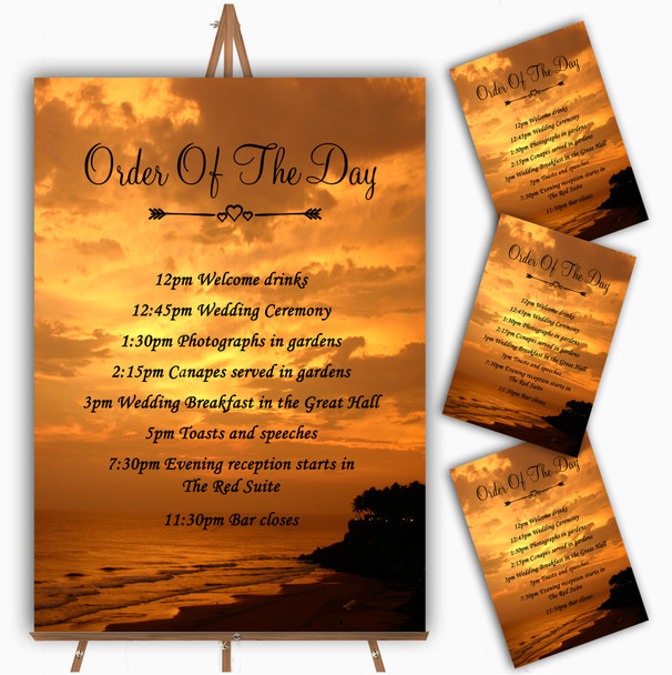 Lovely Beach At Sunset Abroad Personalised Wedding Order Of The Day Cards