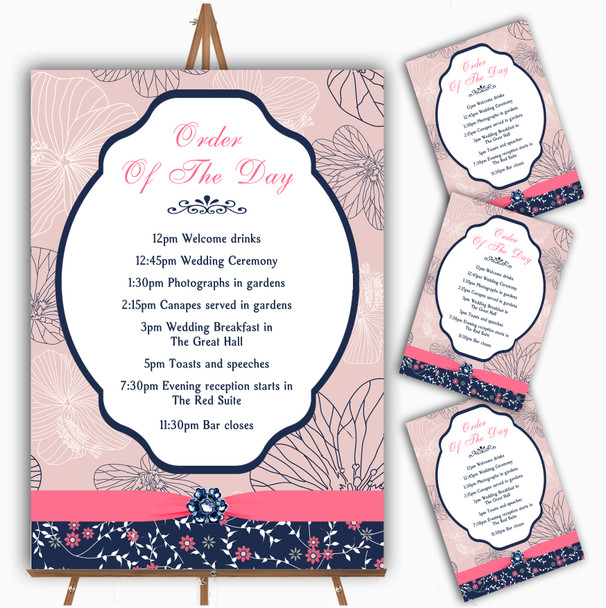 Navy Blue & Coral Pink Floral Personalised Wedding Order Of The Day Cards