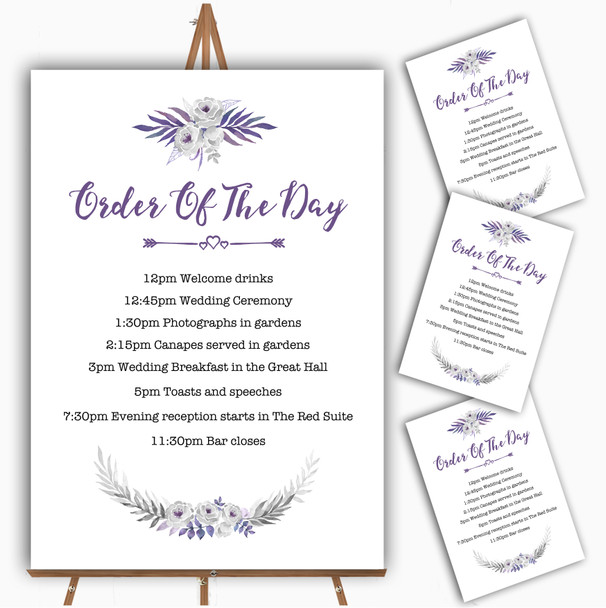 Purple & Silver Subtle Floral Personalised Wedding Order Of The Day Cards