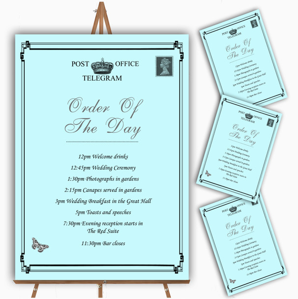 Vintage Telegram Elegant Aqua Personalised Wedding Order Of The Day Cards