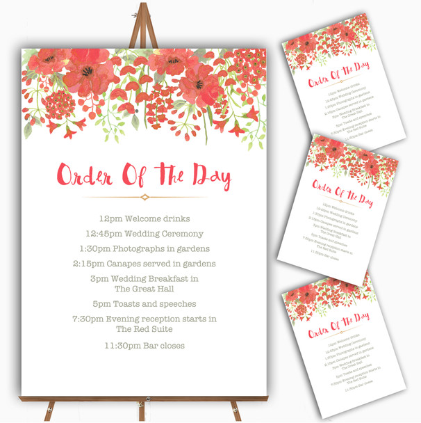 Watercolour Floral Coral Pink Personalised Wedding Order Of The Day Cards