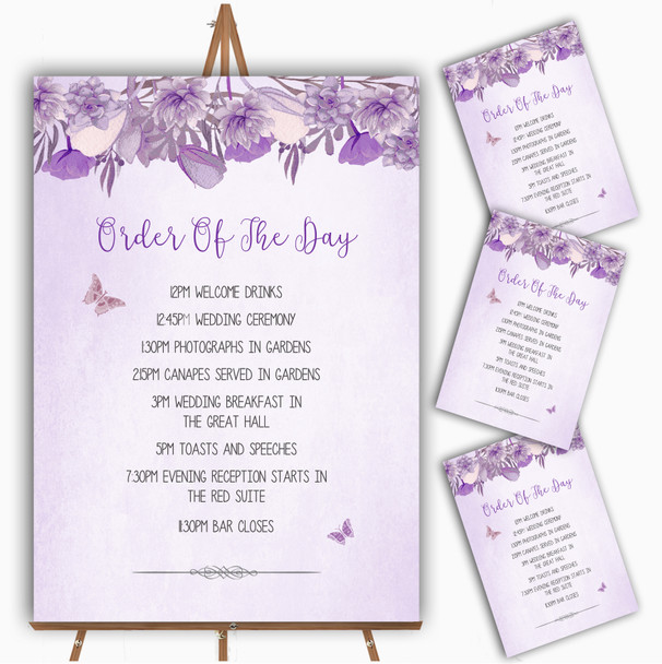 Cadbury Purple & Lilac Watercolour Floral Wedding Order Of The Day Cards