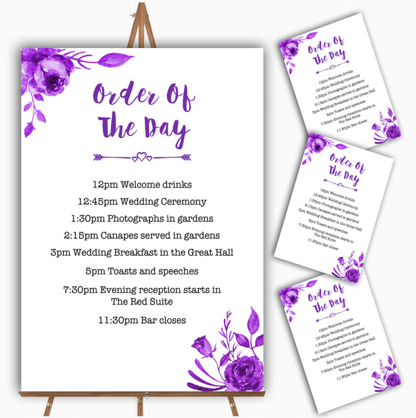 Cadbury Purple & White Watercolour Floral Wedding Order Of The Day Cards