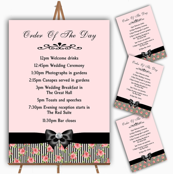 Coral Pink Rose Shabby Chic Black Stripes Wedding Order Of The Day Cards