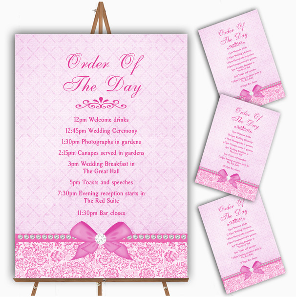 Pretty Floral Vintage Bow & Diamante Pink Wedding Order Of The Day Cards