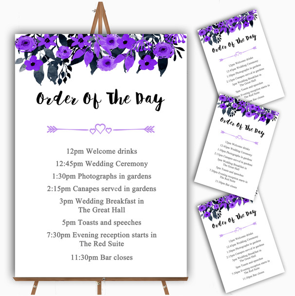 Watercolour Black & Purple Floral Header Wedding Order Of The Day Cards