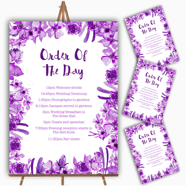 Watercolour Indigo Cadbury Purple Floral Wedding Order Of The Day Cards