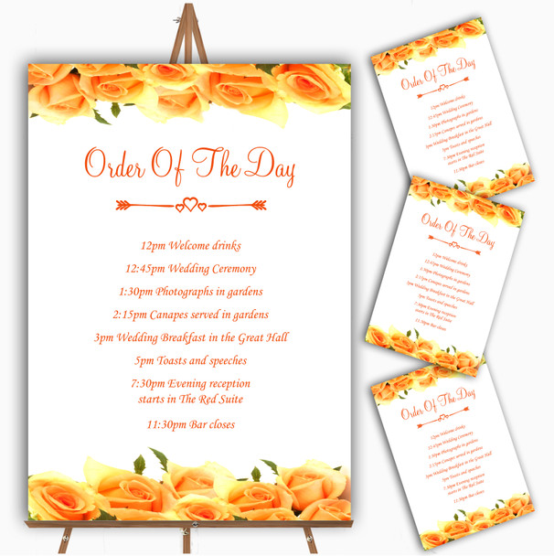 Orange Yellow Roses Personalised Wedding Order Of The Day Cards & Signs