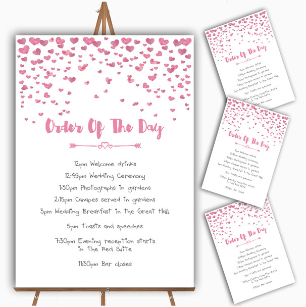 Pink Heart Confetti Personalised Wedding Order Of The Day Cards & Signs