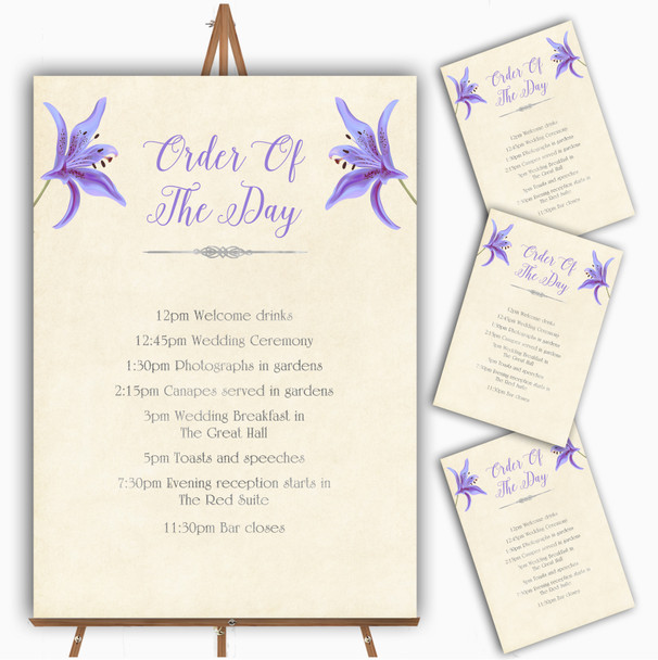 Purple Lily Vintage Personalised Wedding Order Of The Day Cards & Signs