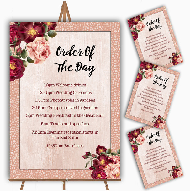 Coral Blush & Deep Red Watercolour Rose Wedding Order Of The Day Cards