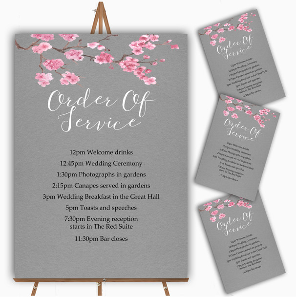 Rustic Vintage Dark Grey & Pink Blossom Wedding Order Of The Day Cards