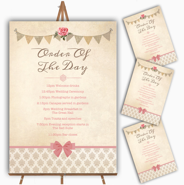 Vintage Rustic Style Bunting Pink Rose Wedding Order Of The Day Cards