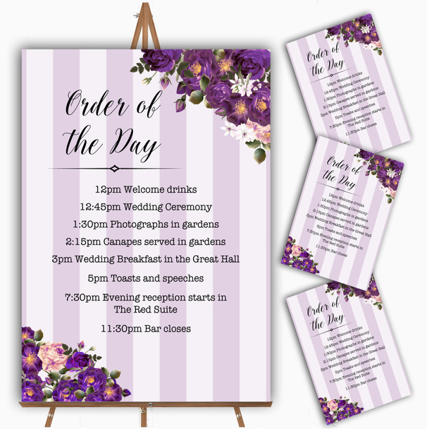 Cadbury Purple Rose & Stripes Vintage Wedding Order Of The Day Cards