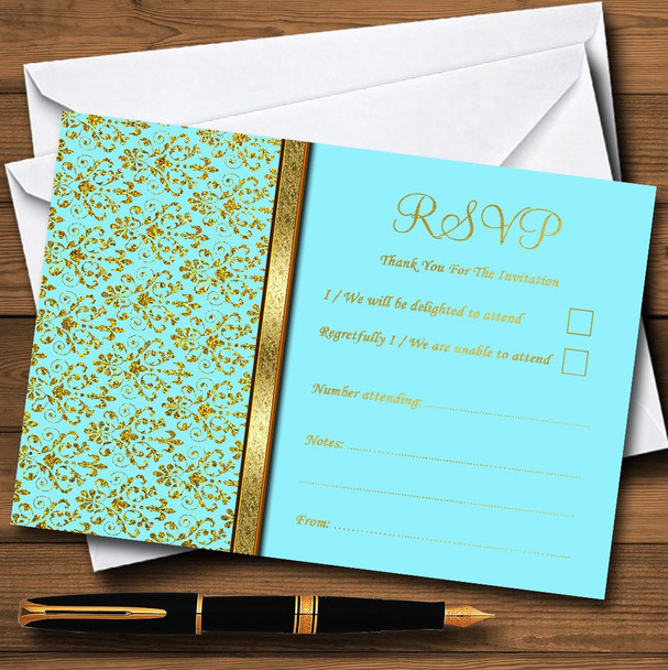 Aqua Sky Blue & Gold Vintage Damask RSVP Cards