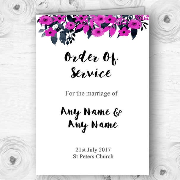 Watercolour Black & Hot Pink Floral Header Wedding Double Cover Order Of Service