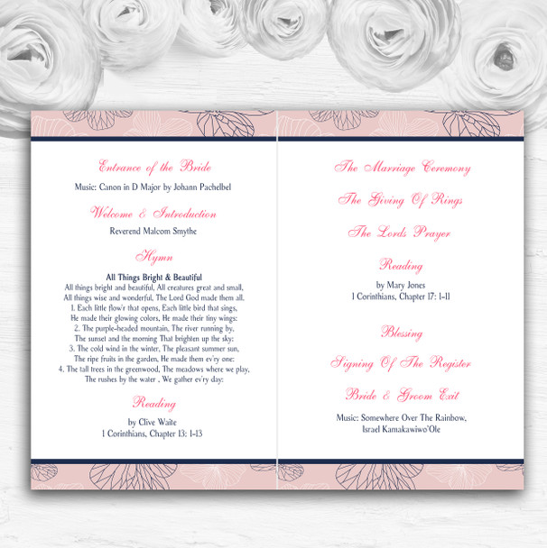 Navy Blue & Coral Pink Floral Personalised Wedding Double Cover Order Of Service