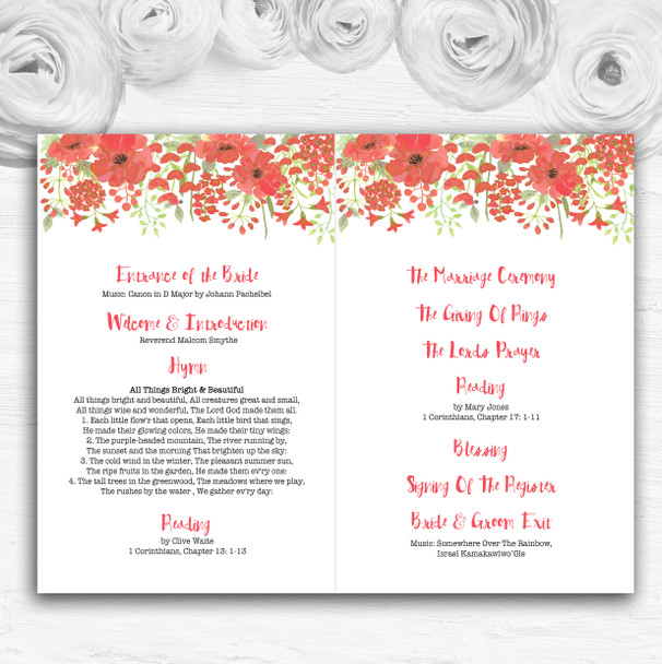 Watercolour Floral Coral Pink Personalised Wedding Double Cover Order Of Service