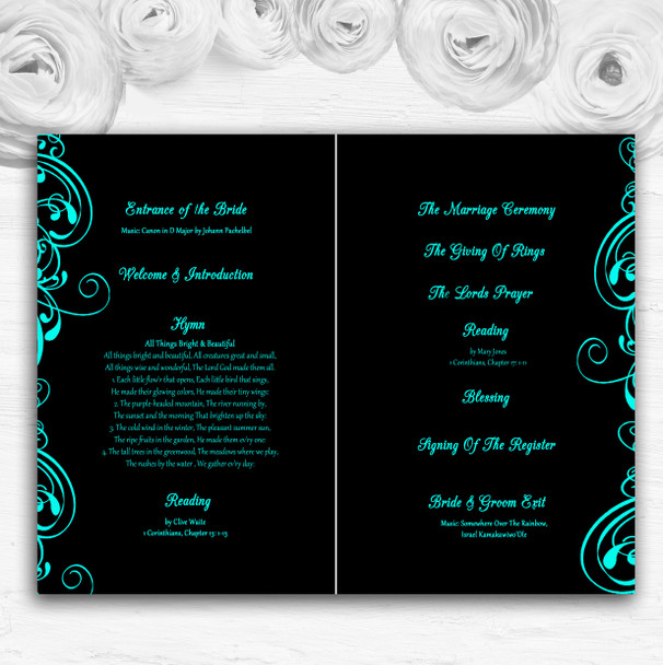 Black & Aqua Swirl Deco Personalised Wedding Double Sided Cover Order Of Service