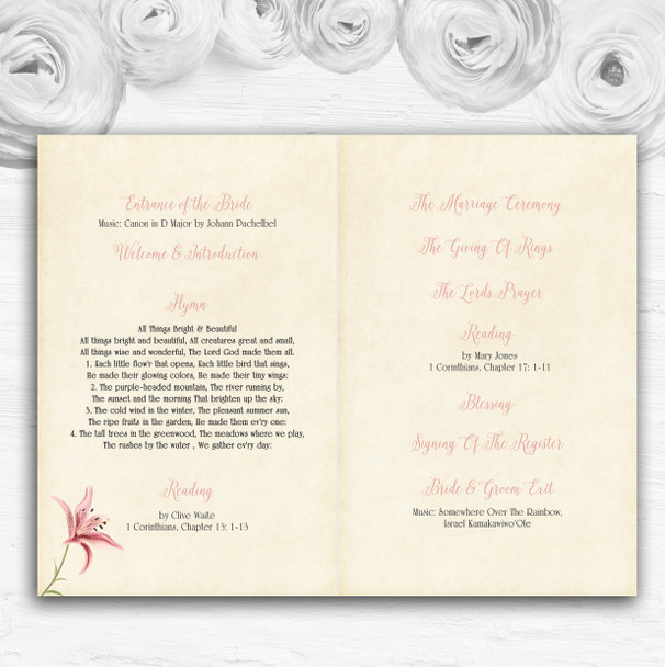 Coral Pink Lily Vintage Personalised Wedding Double Sided Cover Order Of Service