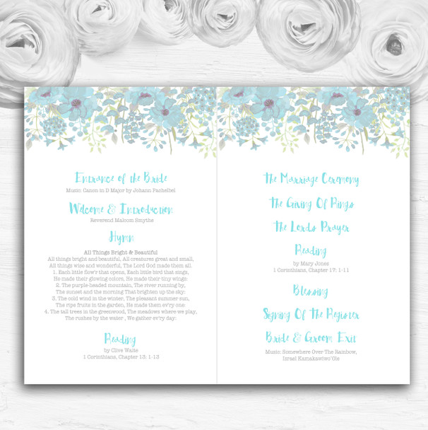 Watercolour Floral Blue Personalised Wedding Double Sided Cover Order Of Service